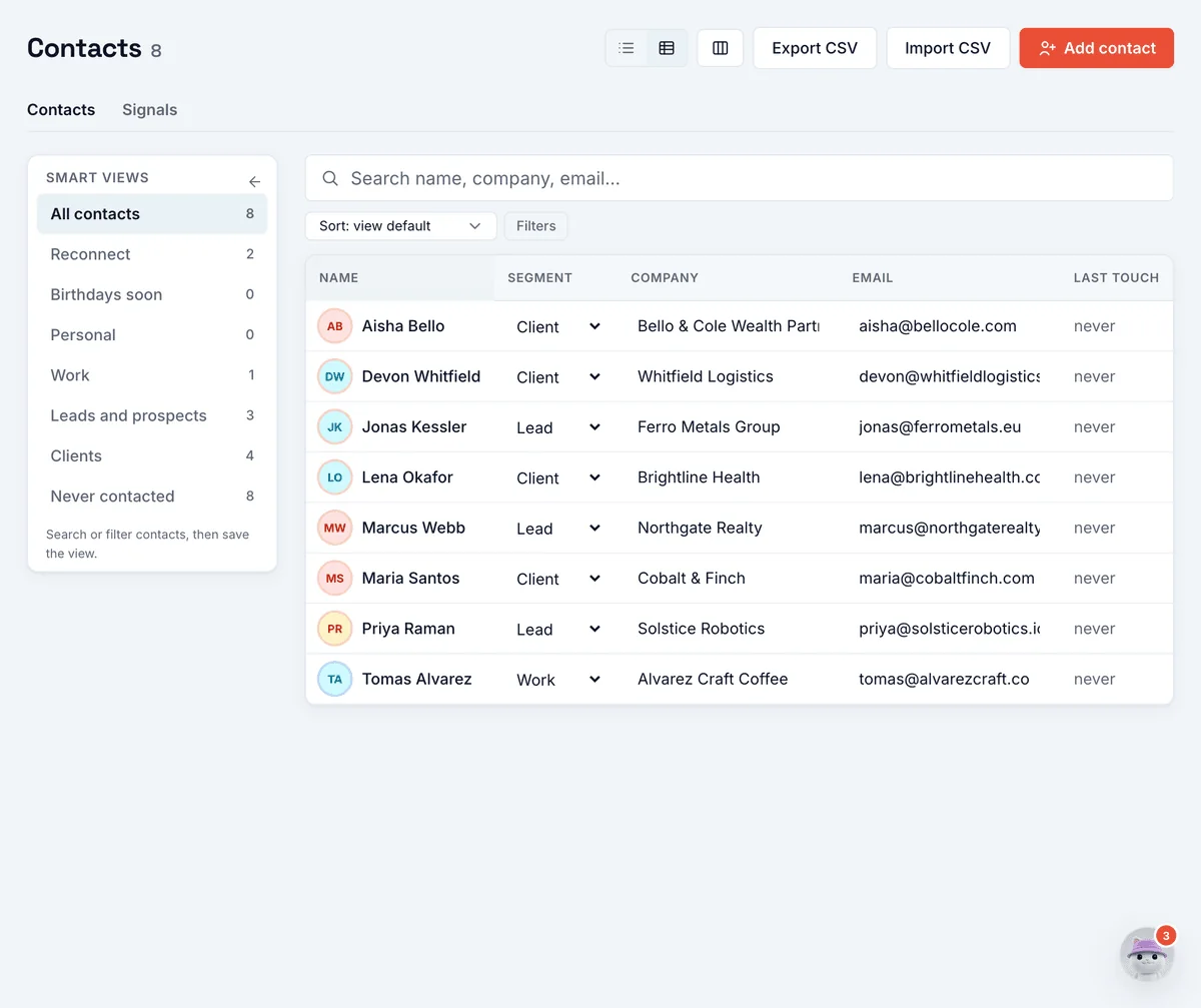 Orbit CRM workspace showing contacts and saved views